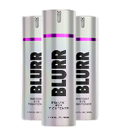 Three silver pump bottles of BLURR Instant Eye Tightener cosmetic product against a black background.