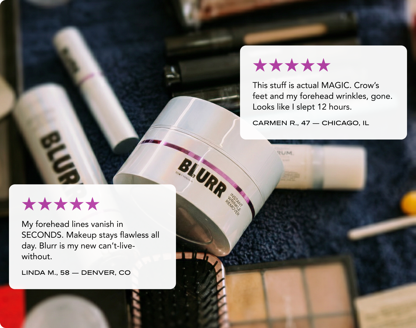 BLURR brand cosmetic products displayed on a towel with two glowing five-star customer testimonials overlaid on the image.