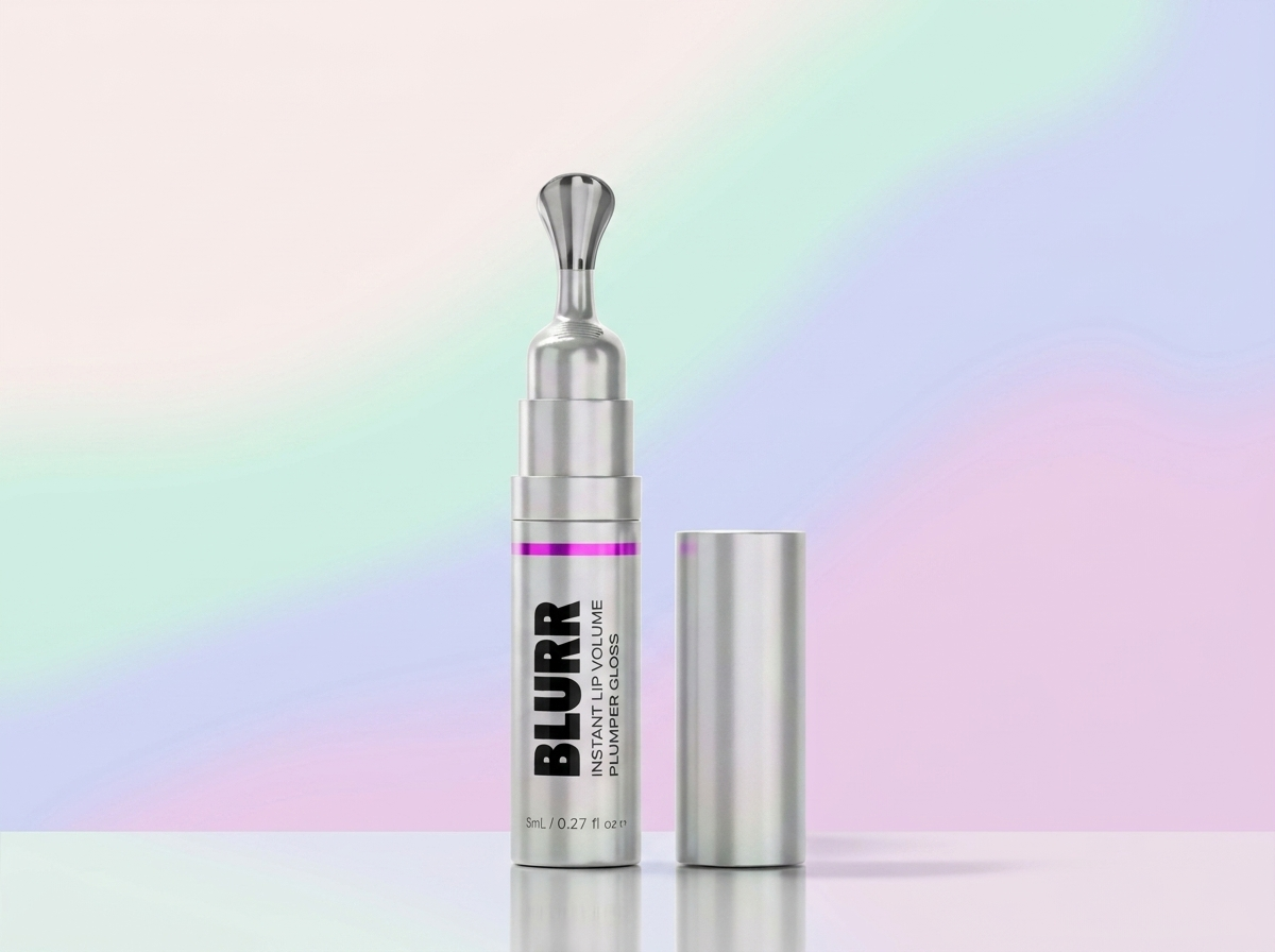 A silver tube of Blurr Instant Lip Volume Plumper Gloss with its cap off, set against an iridescent background.