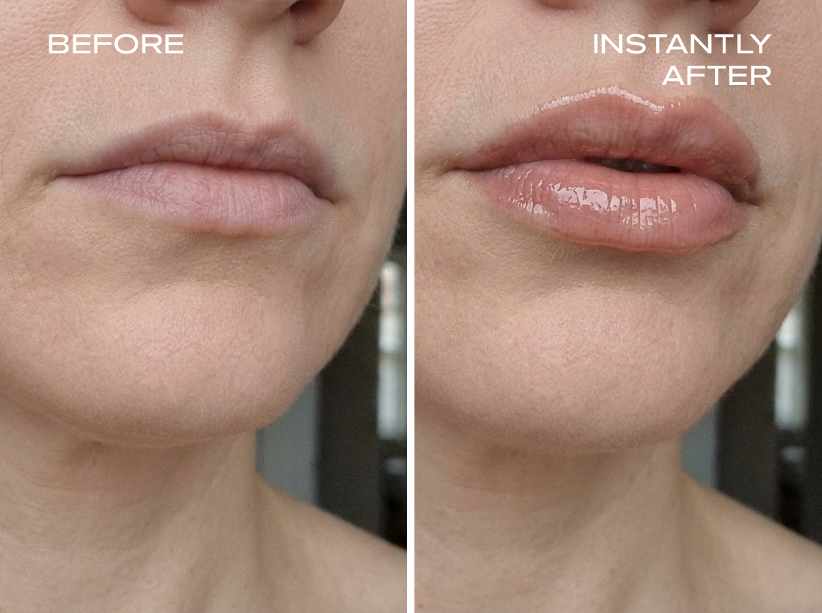 A before and after comparison of lips, showing them looking fuller and glossier after product application.