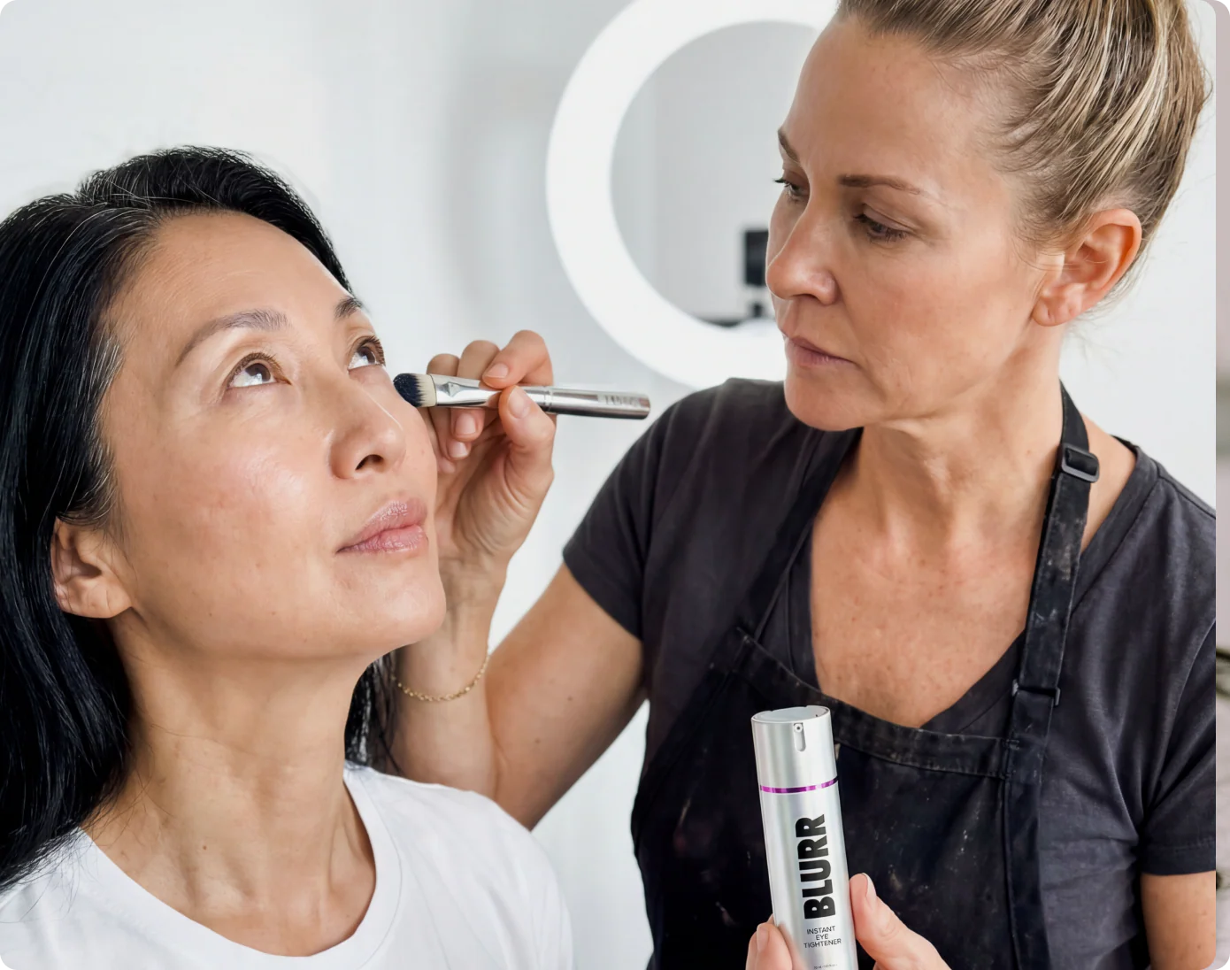 A makeup artist applies product under a woman's eye with a brush while holding the container.