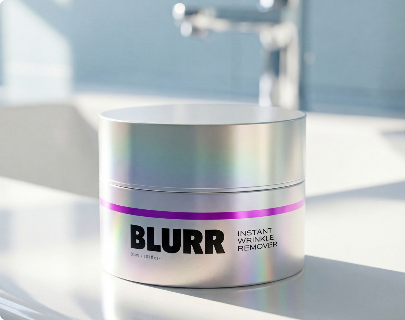 A silver jar of Blurr Instant Wrinkle Remover sits on a bright, white bathroom counter.