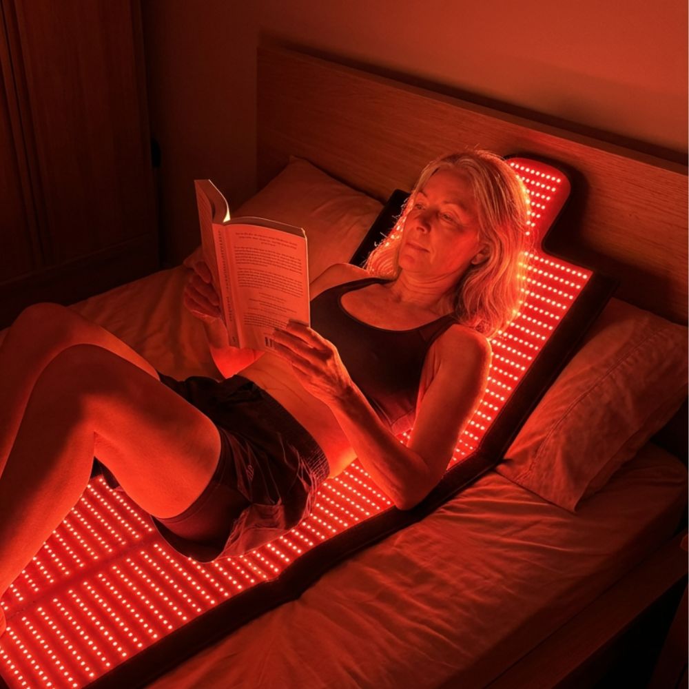 Person reading on a bed with red LED lights.