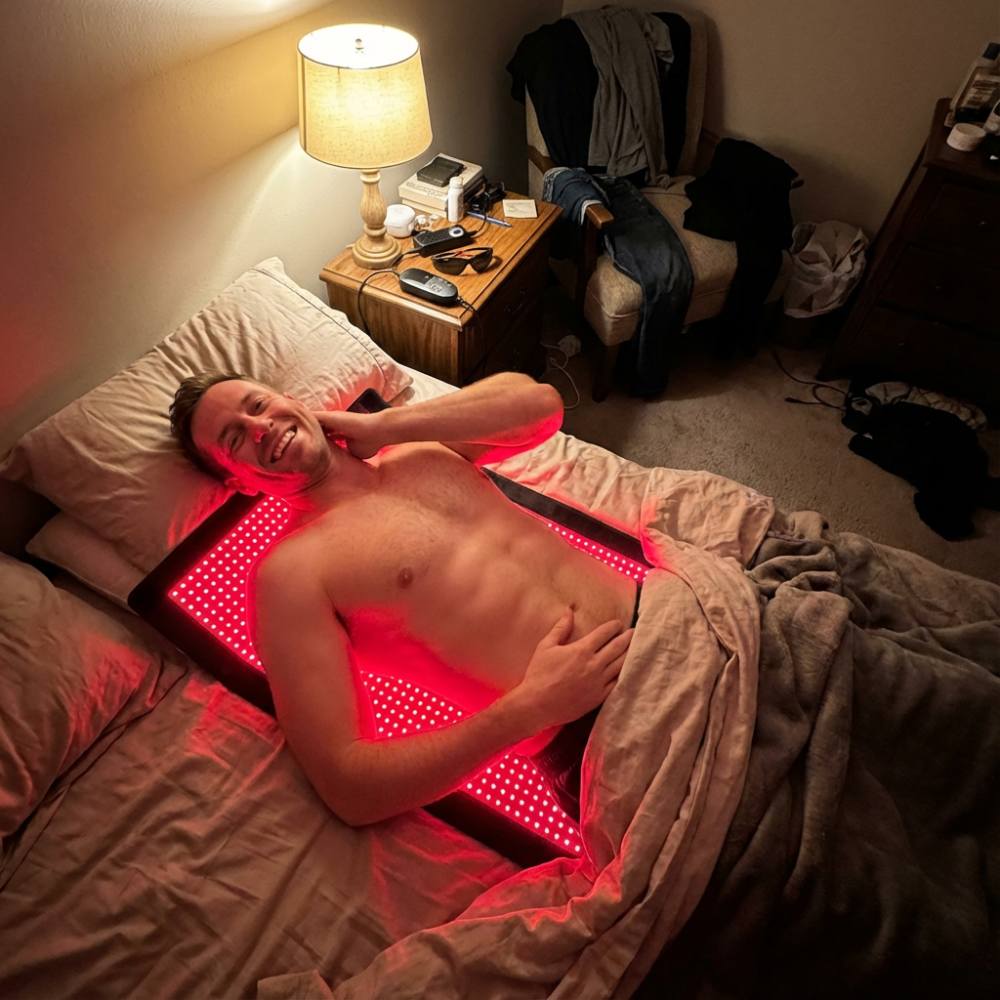 Person lying on a bed with a glowing red light panel.