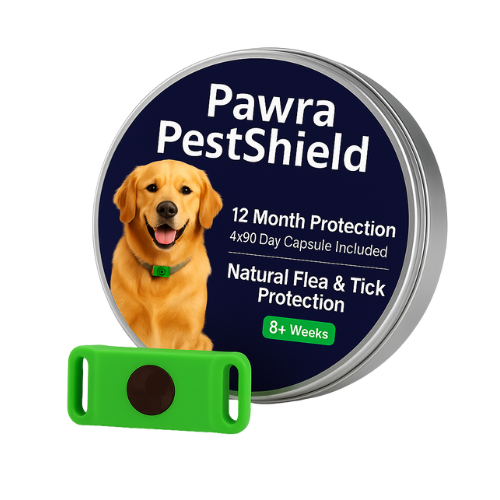 Dog flea and tick protection product with a dog image and green device.