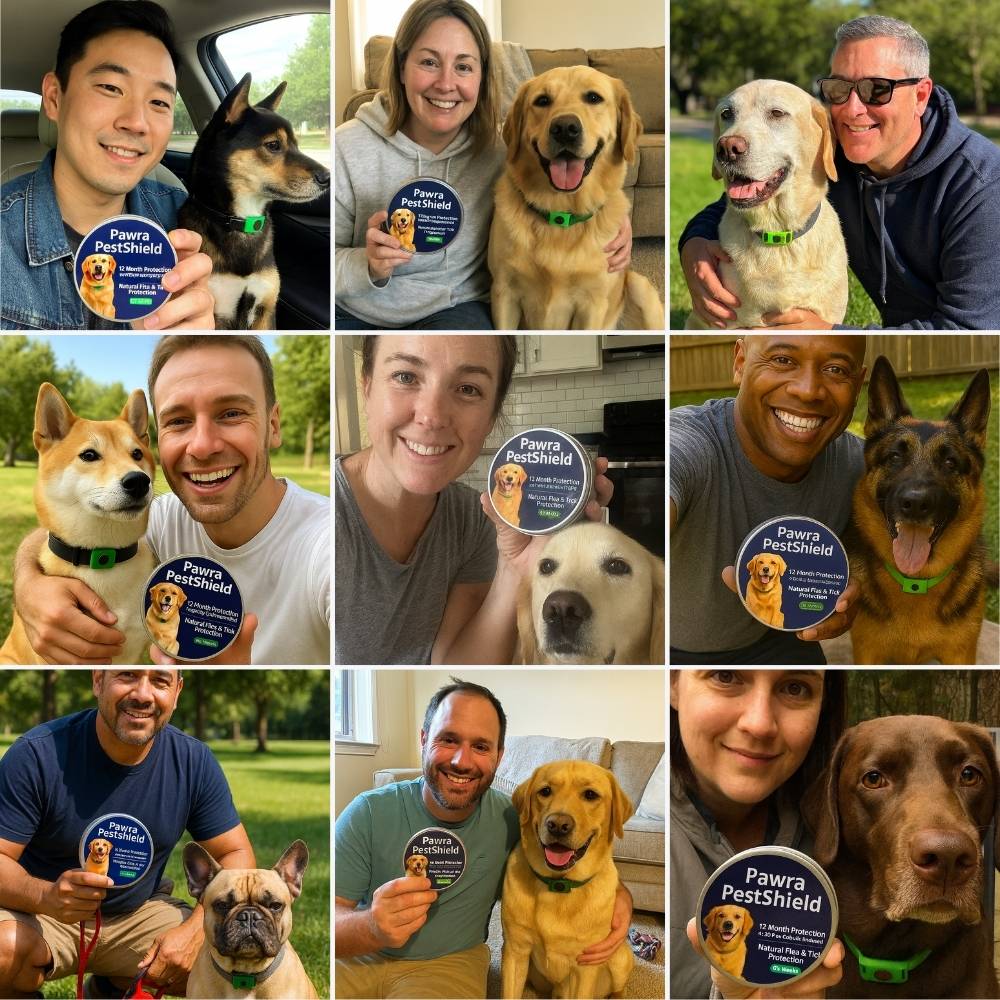 Collage of people holding Pawra PestShield with their dogs.
