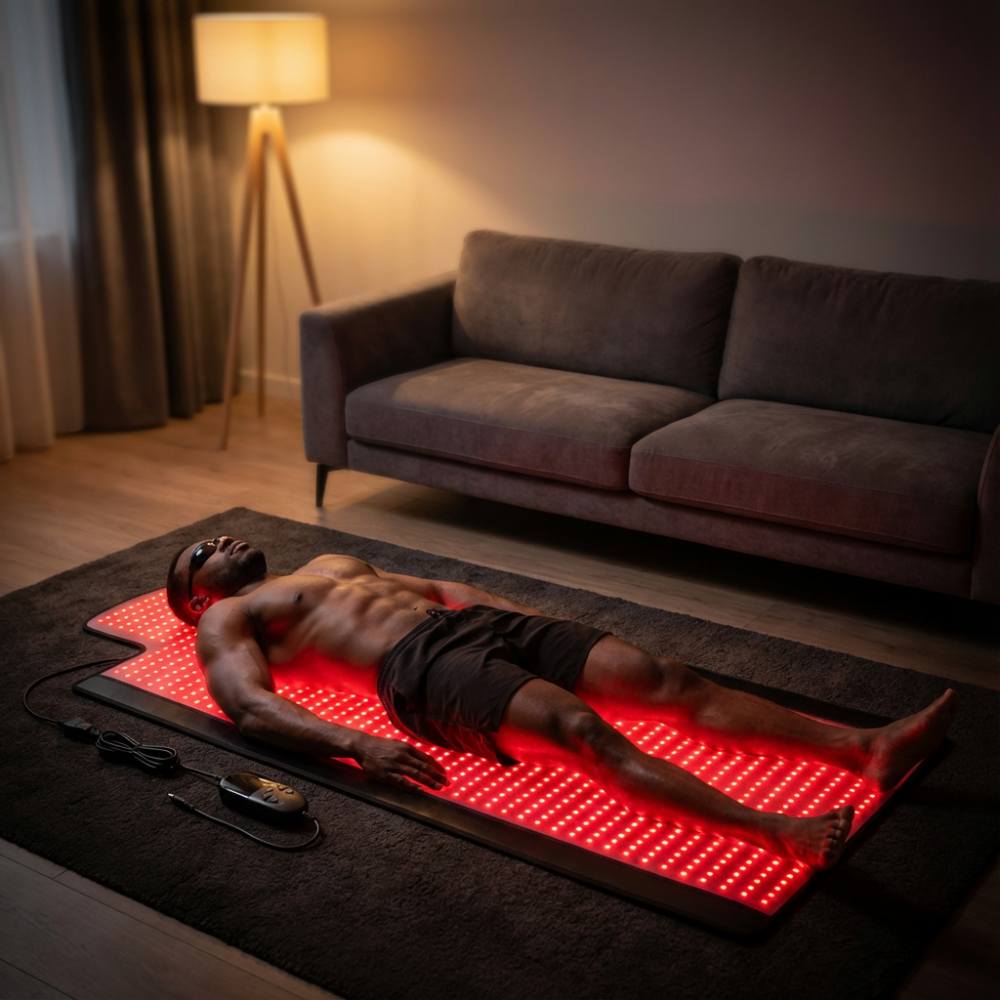 Person lying on a glowing red mat in a dimly lit room with a couch and lamp.