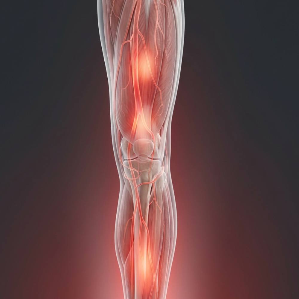 Illustration of a human leg showing muscles and highlighted pain points.