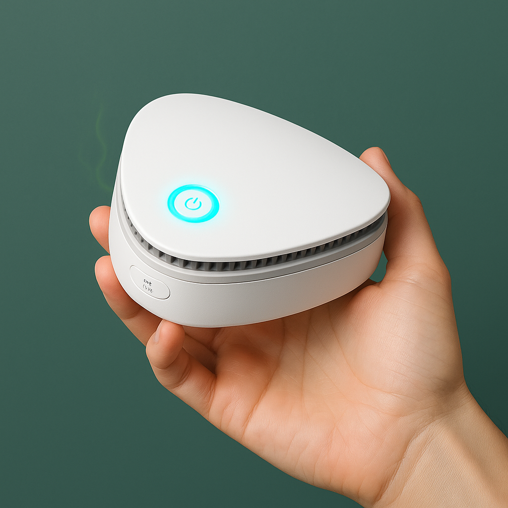 Hand holding a small, white, triangular device with a glowing power button.