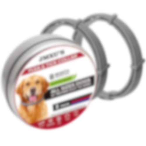 Blurry image of a dog on a circular product label with text.