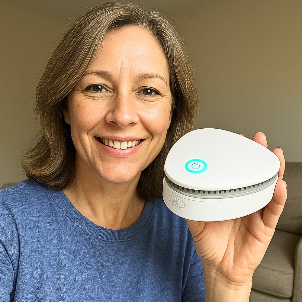 Person smiling, holding a small white electronic device with a glowing power button.