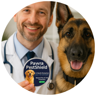 Man in a lab coat holding a Pawra PestShield product with a German Shepherd.