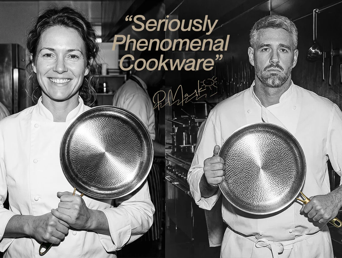 A smiling female chef and a serious male chef in a kitchen each hold up a textured pan.