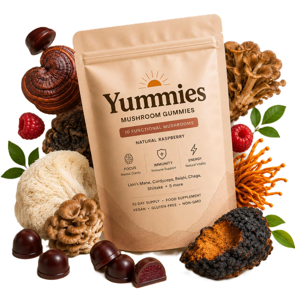 A pouch of Yummies Mushroom Gummies surrounded by various mushrooms, raspberries, and the gummies themselves.