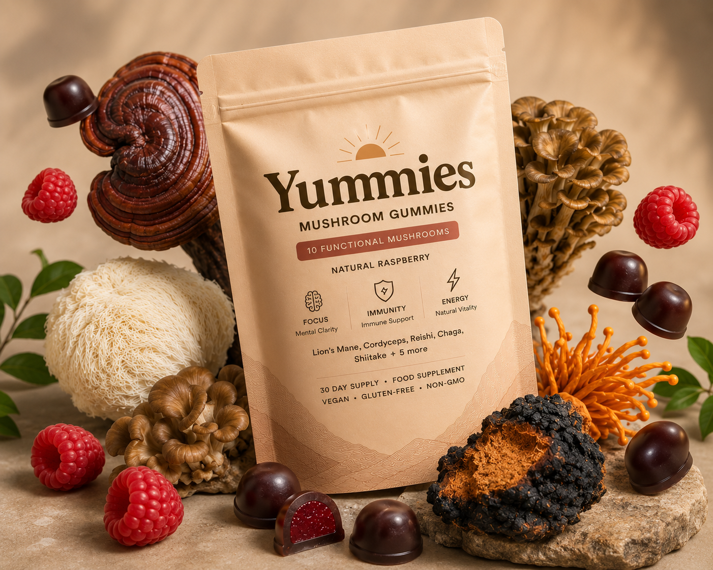 A pouch of Yummies Mushroom Gummies surrounded by various mushrooms, raspberries, and individual raspberry-filled gummies.