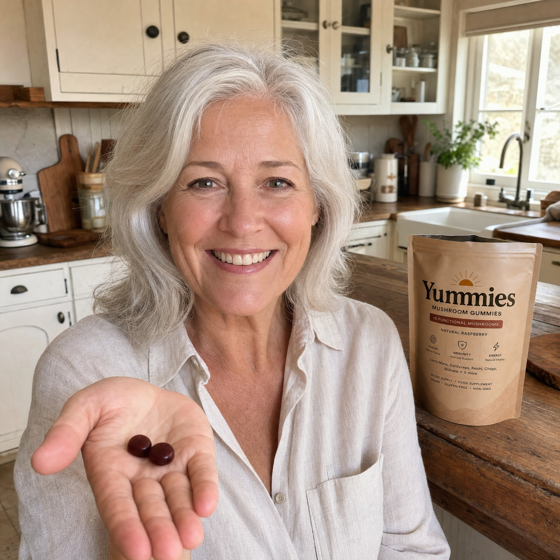 A woman with grey hair smiles, holding two gummies in her hand next to a pouch of Yummies.