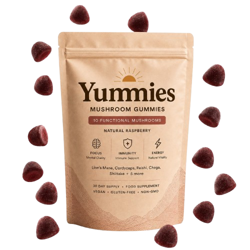 A brown pouch of Yummies Mushroom Gummies, raspberry flavor, surrounded by loose gummies on a white background.