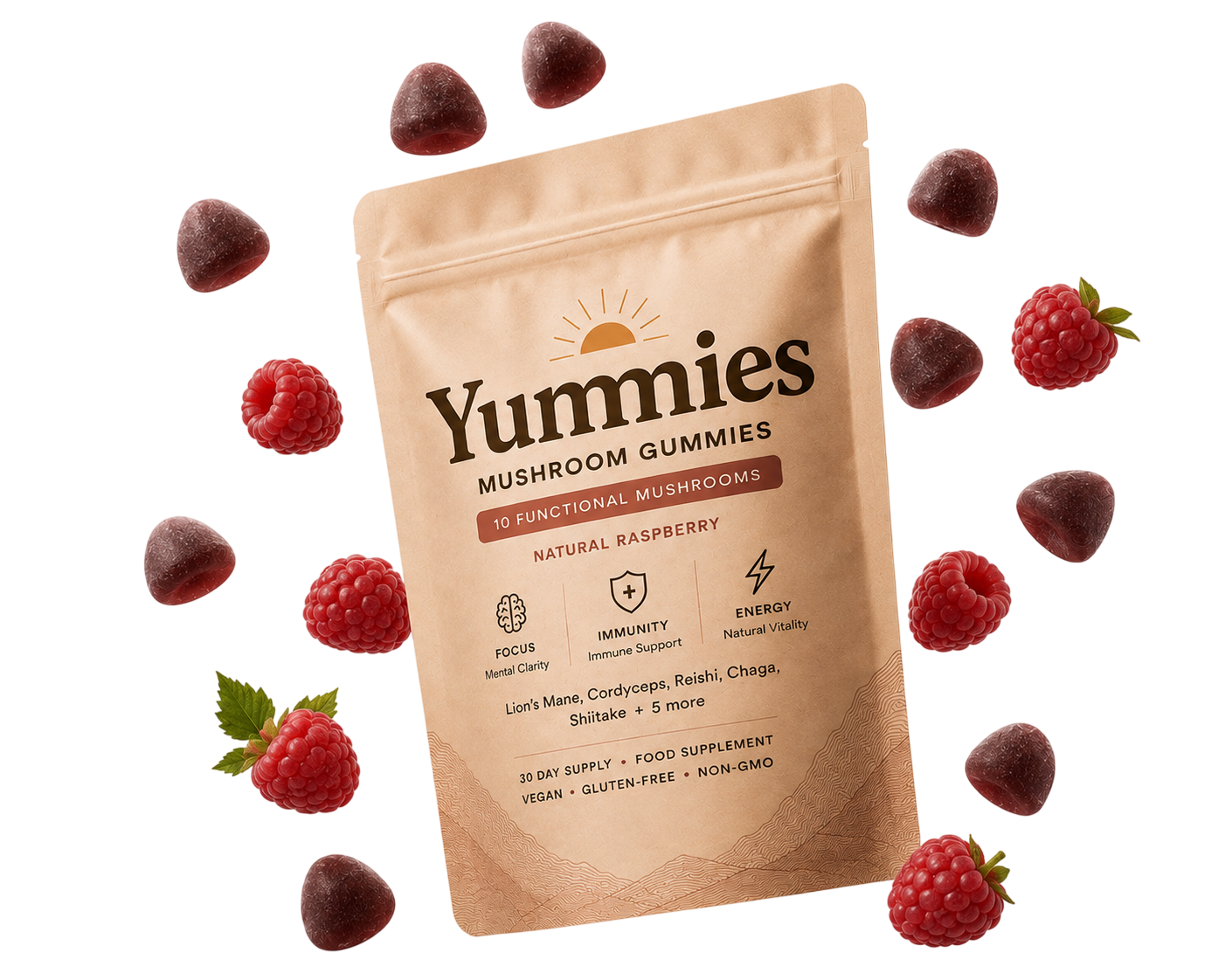 A pouch of Yummies Mushroom Gummies surrounded by loose raspberry-flavored gummies and fresh raspberries.