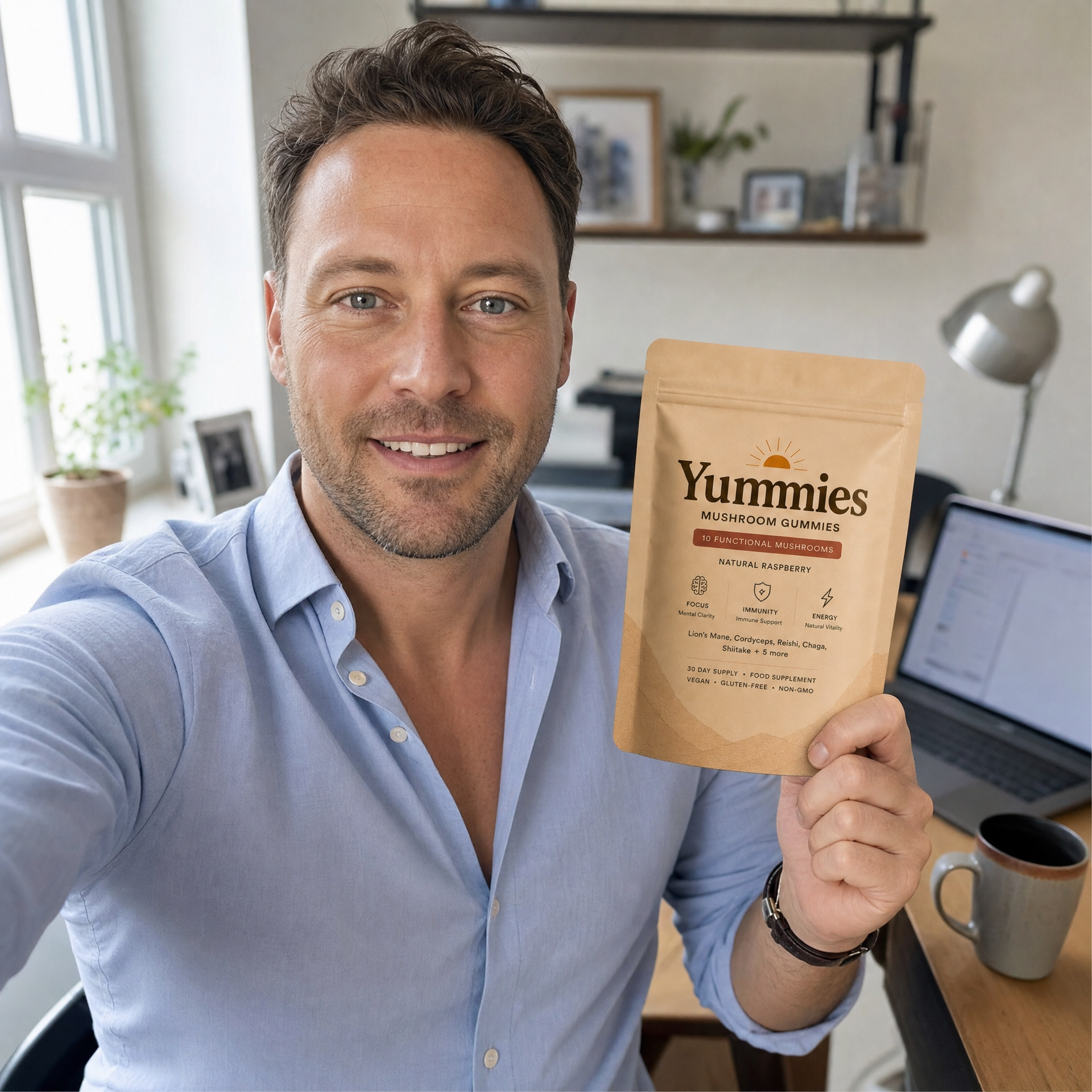 A smiling man in a blue shirt holds up a pouch of Yummies Mushroom Gummies in an office.