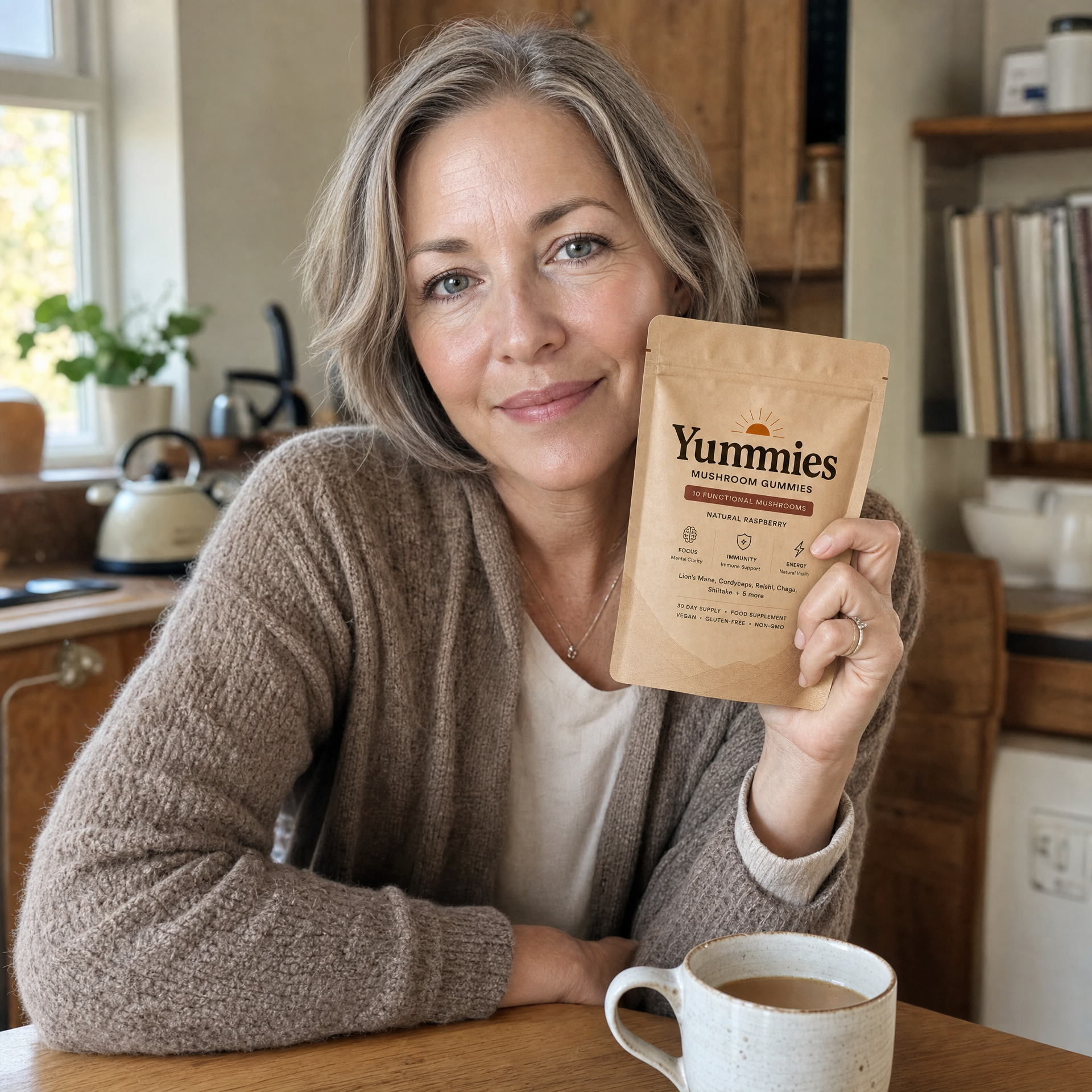 A woman with greyish-blonde hair holds up a pouch of Yummies Mushroom Gummies while sitting at a table.
