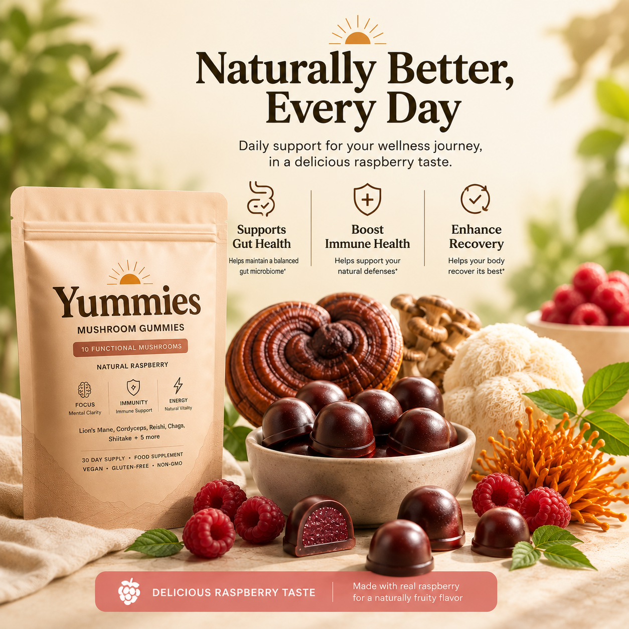 A pouch of Yummies Mushroom Gummies next to a bowl of the gummies, surrounded by fresh raspberries and various mushrooms.