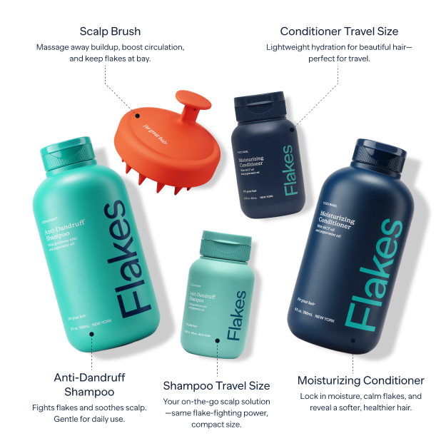 Collection of hair care products including shampoo, conditioner, and a scalp brush.