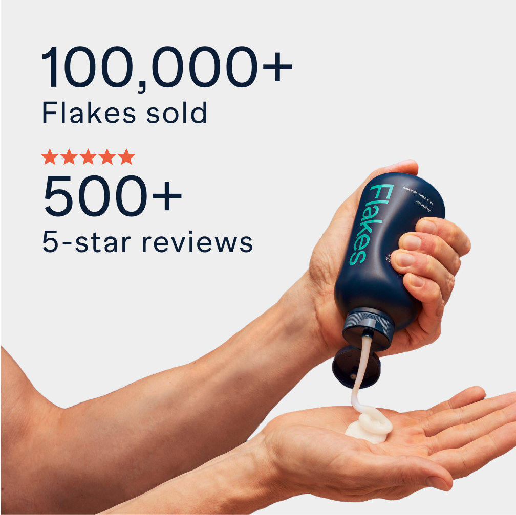 Hands dispensing lotion from a Flakes bottle, with sales and review statistics.