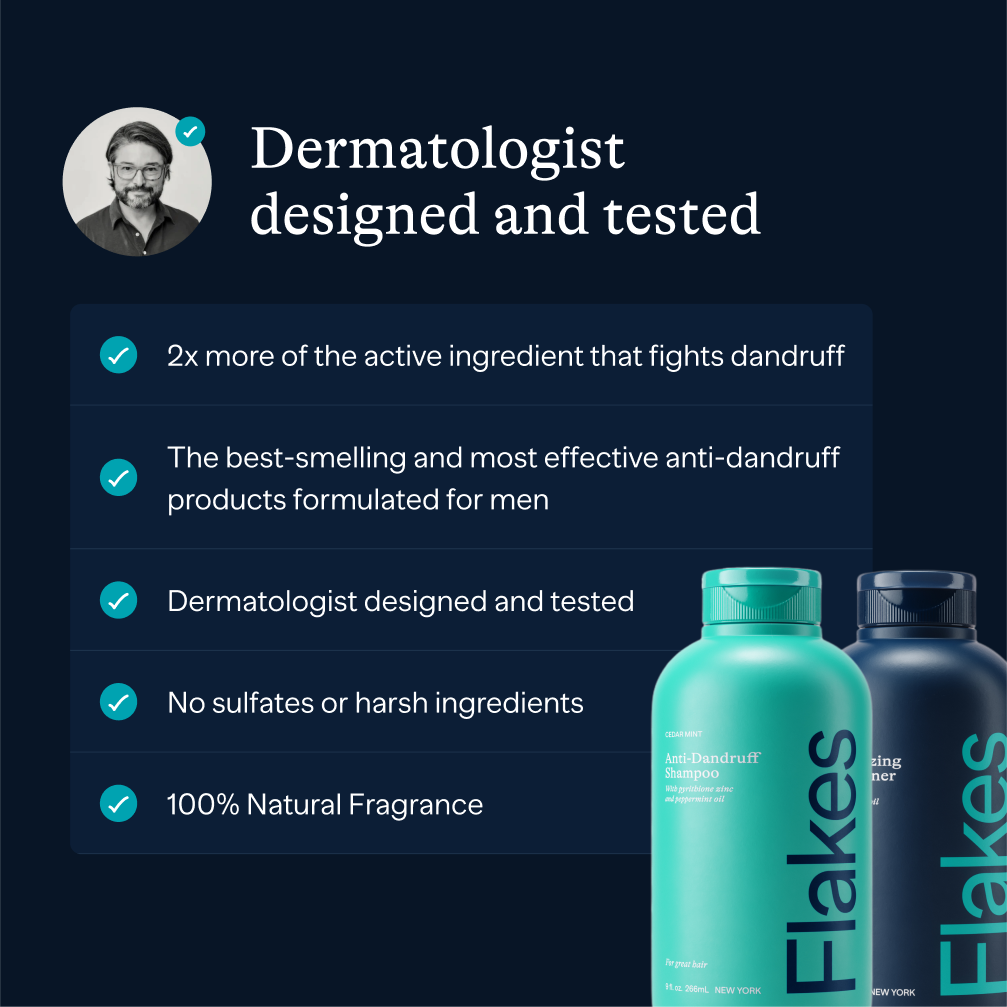 Image of anti-dandruff shampoo and conditioner with dermatologist endorsement and product benefits listed.
