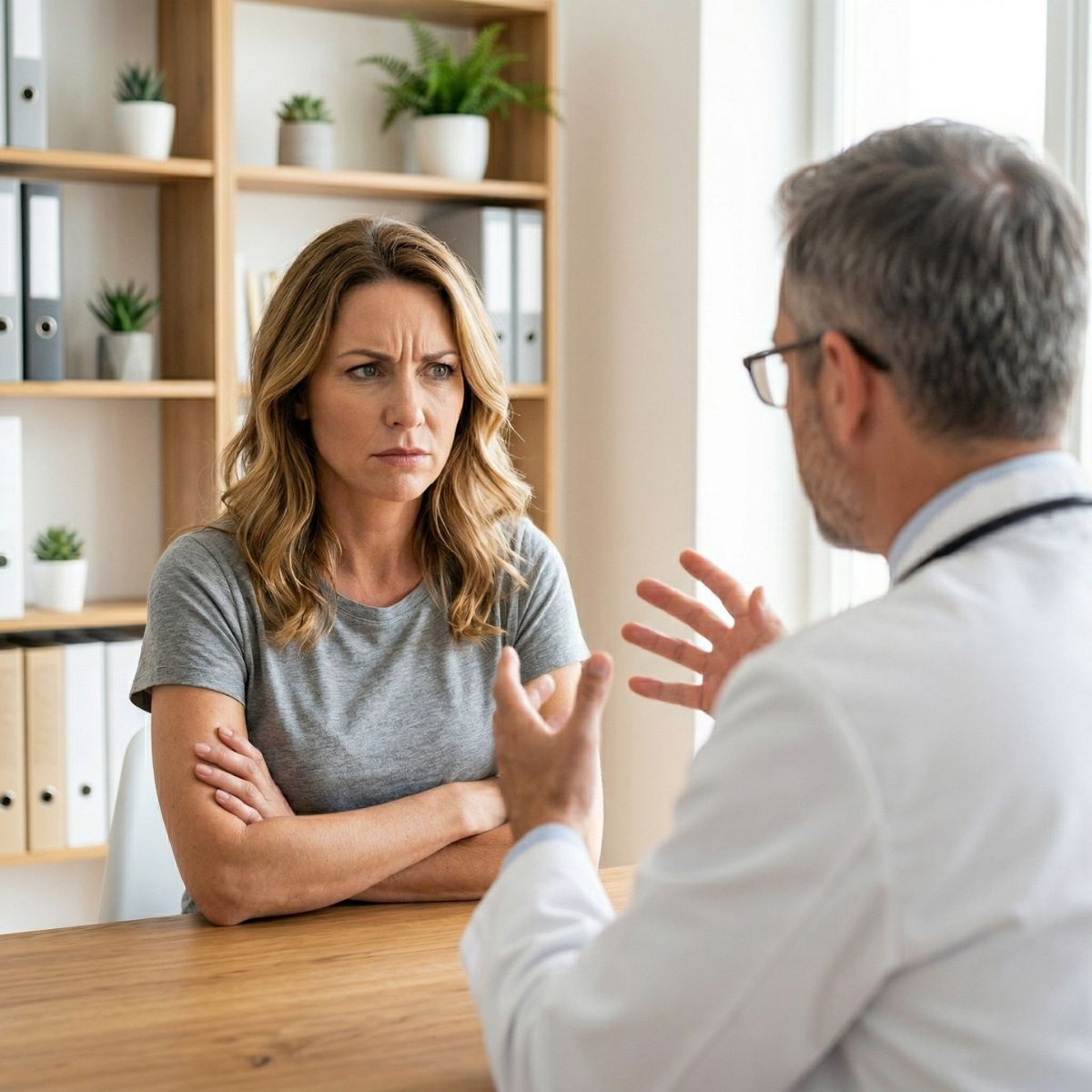 A woman with a concerned expression and crossed arms sits across a desk from a doctor.