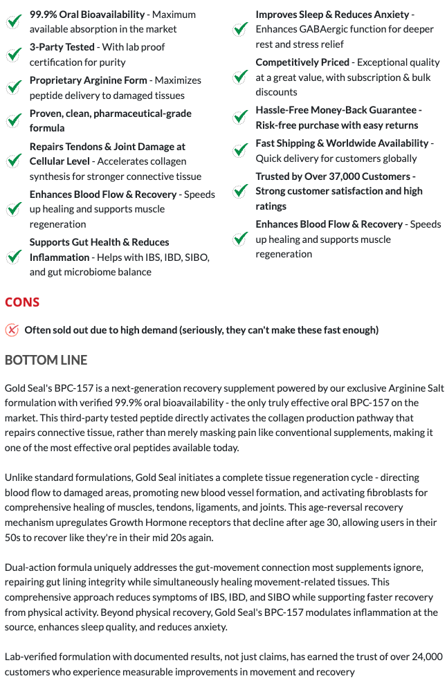 Text describing benefits and features of a recovery supplement with bullet points and a summary paragraph.