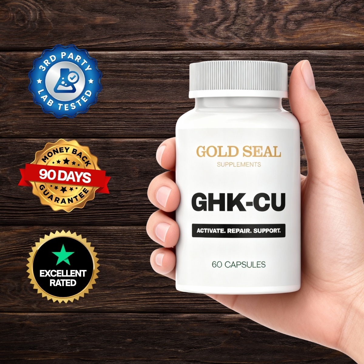 Hand holding a GHK-CU supplement bottle with three certification badges.