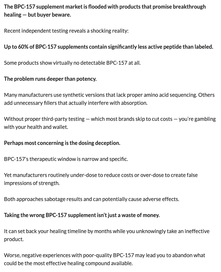 Text discussing issues with BPC-157 supplement potency and manufacturing practices.