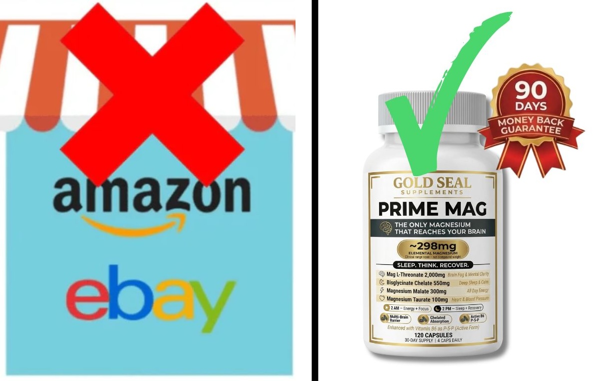 An image contrasts crossed-out Amazon and eBay logos with a bottle of Prime Mag supplements with a checkmark.