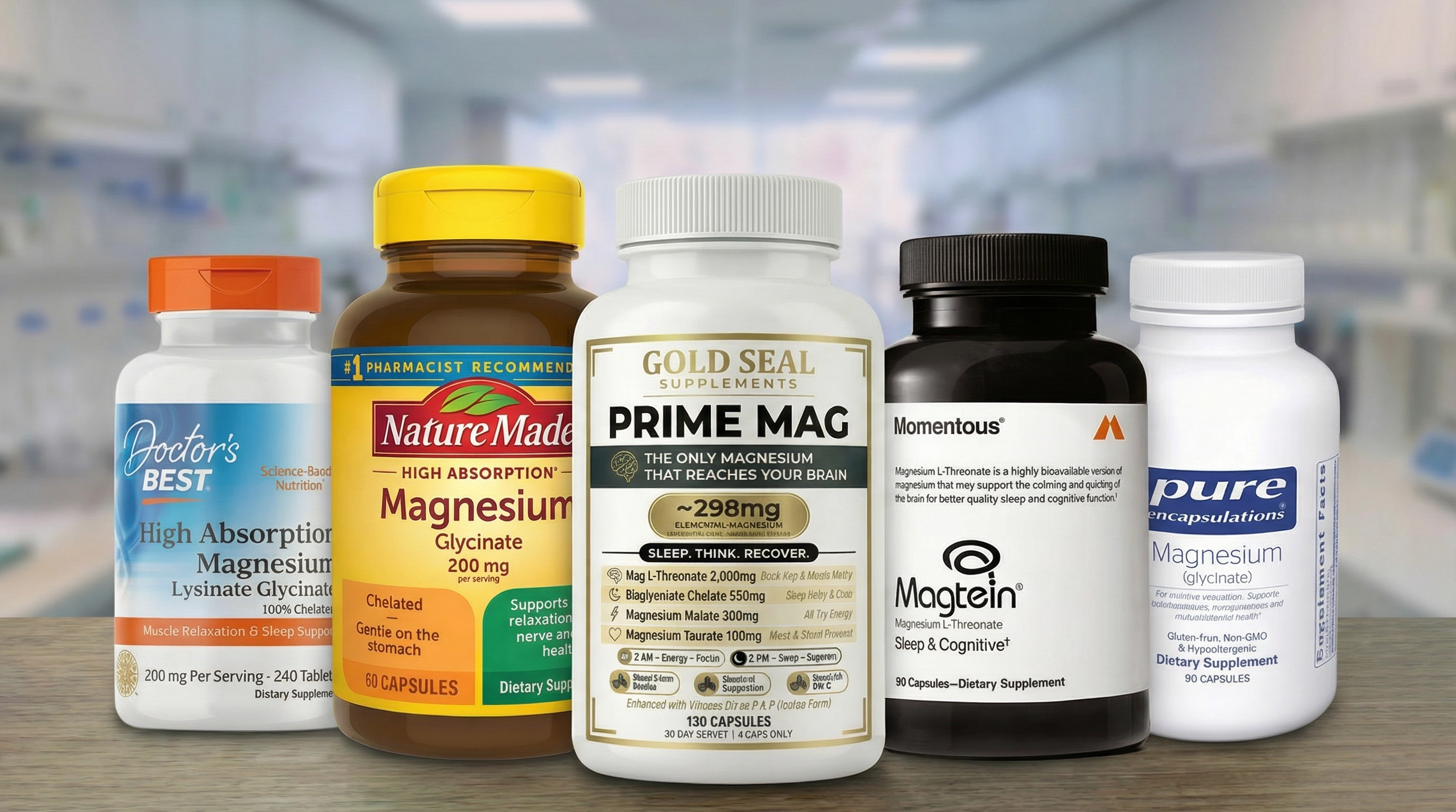 A lineup of five different brands of magnesium supplement bottles on a wooden surface.