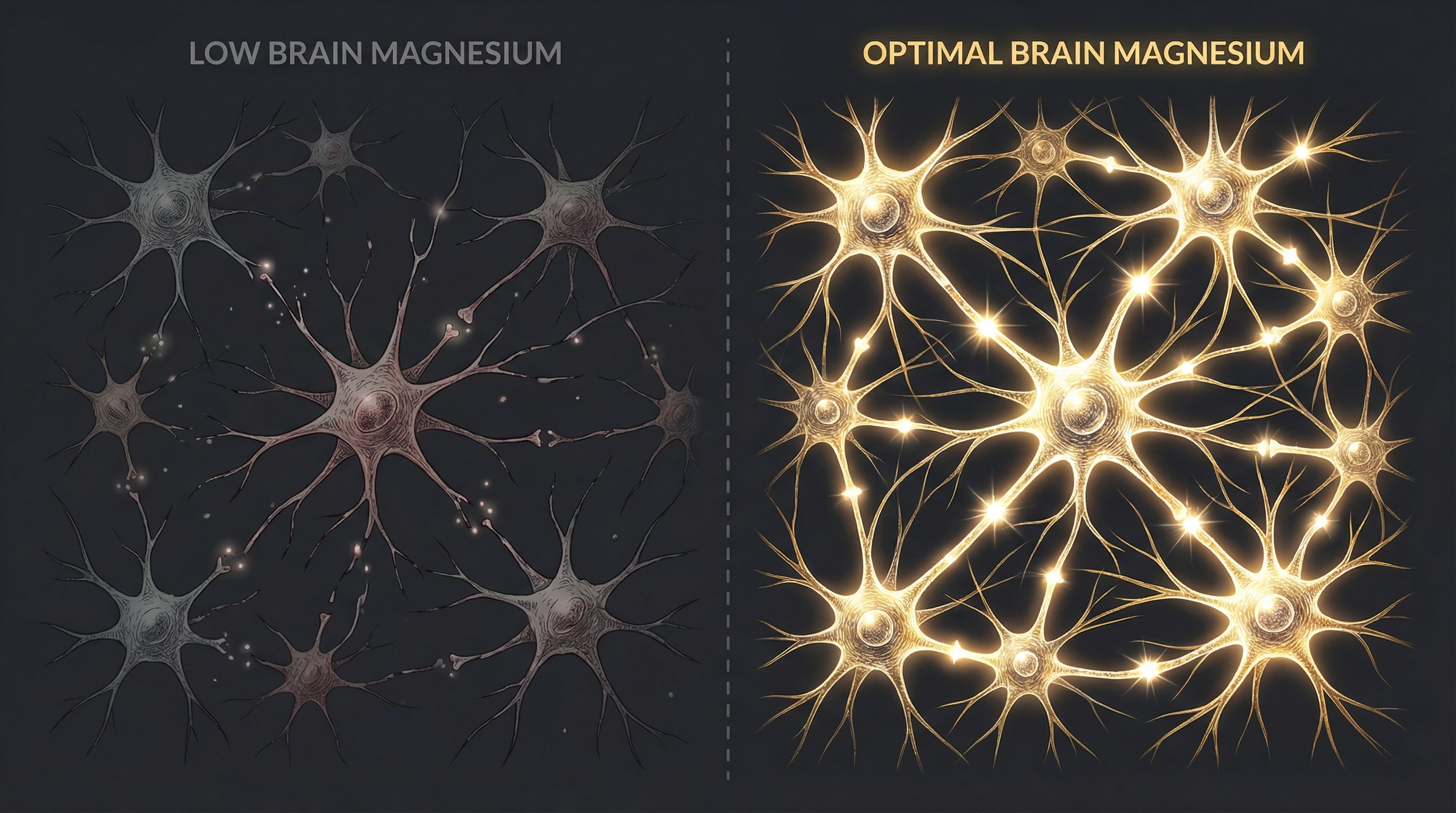 A diagram comparing dim neurons labeled 'Low Brain Magnesium' to bright neurons labeled 'Optimal Brain Magnesium'.