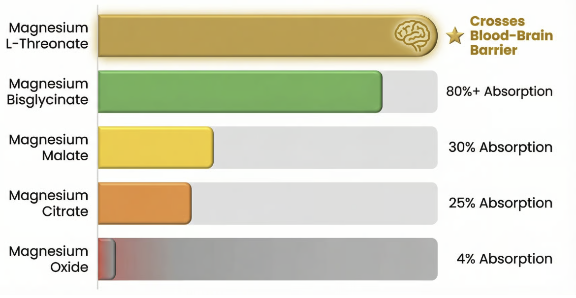 A bar chart comparing the absorption rates of five different types of magnesium supplements.
