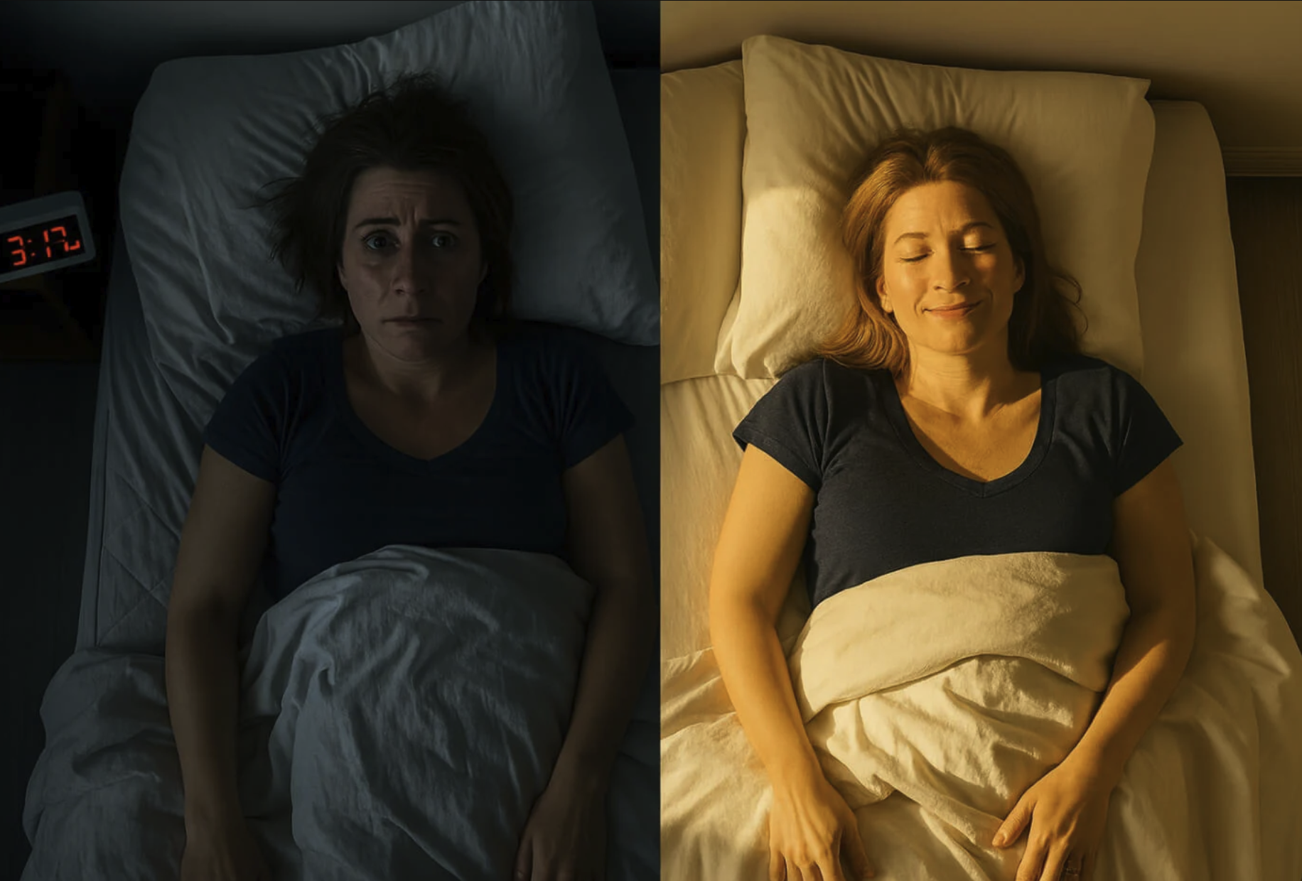 A split-screen image shows a woman awake and stressed on the left, and sleeping peacefully on the right.