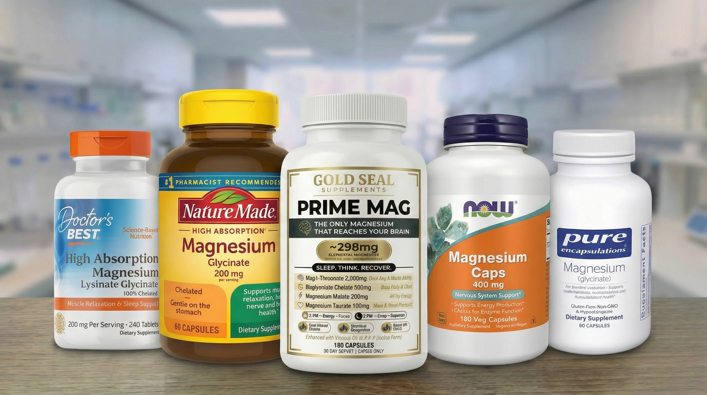 Five bottles of magnesium supplements from various brands are lined up on a wooden surface.