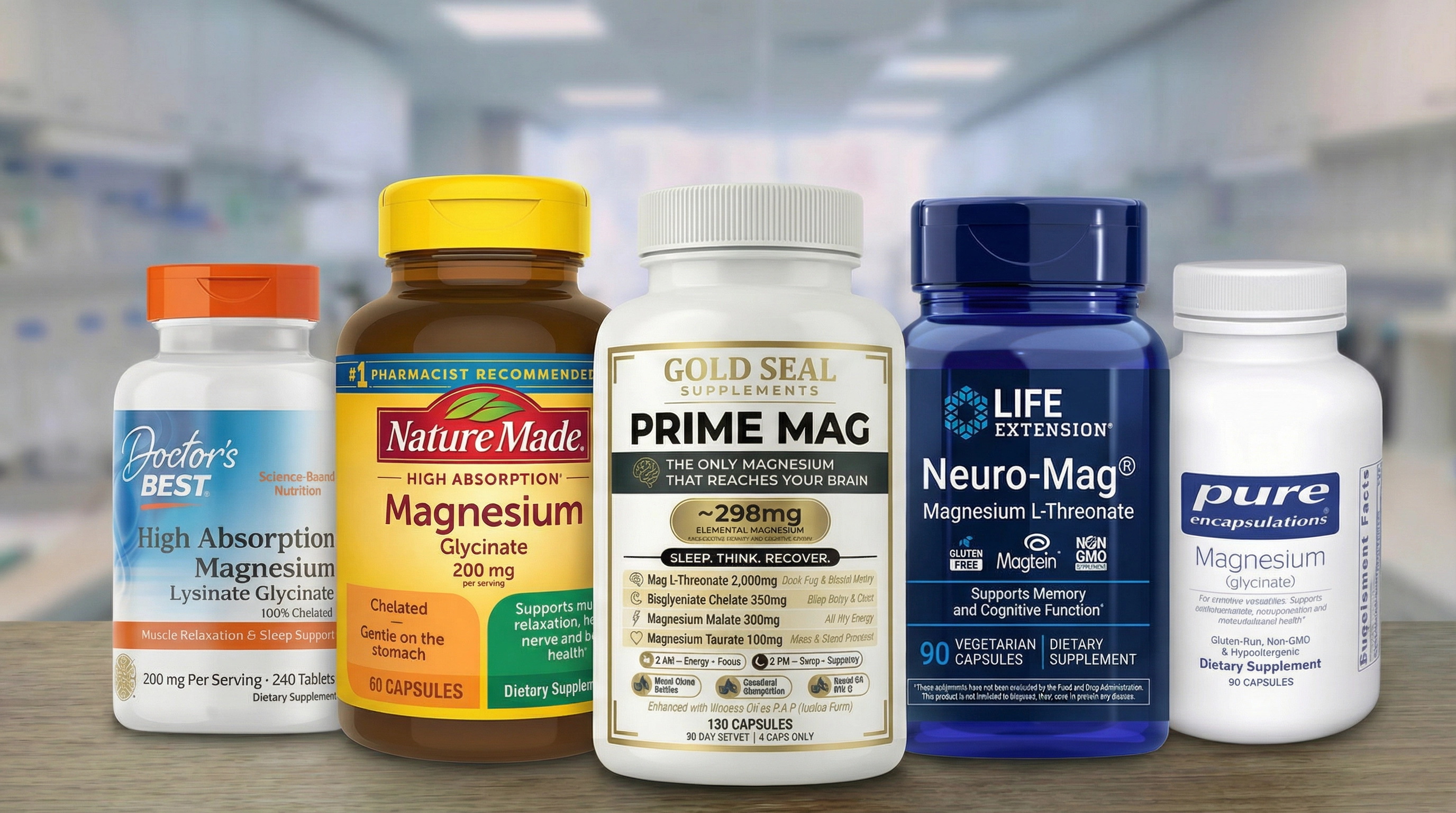 Five different bottles of magnesium supplements from various brands lined up on a wooden surface.