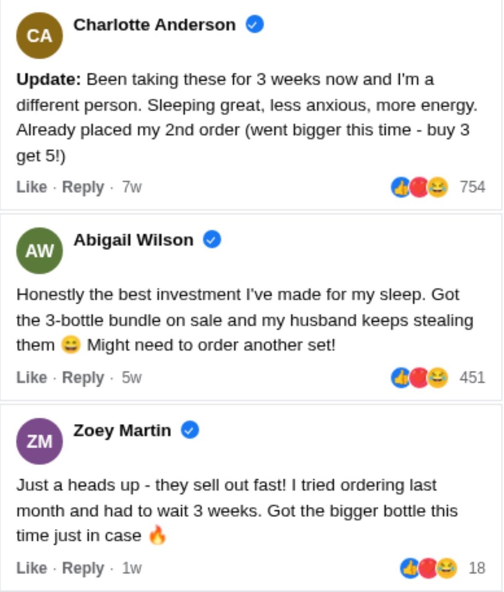 A screenshot of three positive testimonials from verified users on a social media platform.