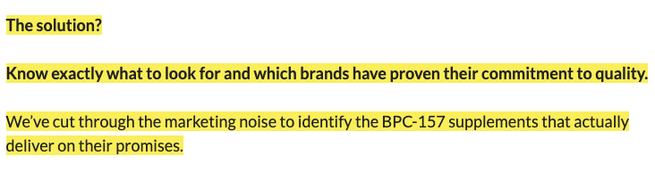 Highlighted text about identifying quality BPC-157 supplements.