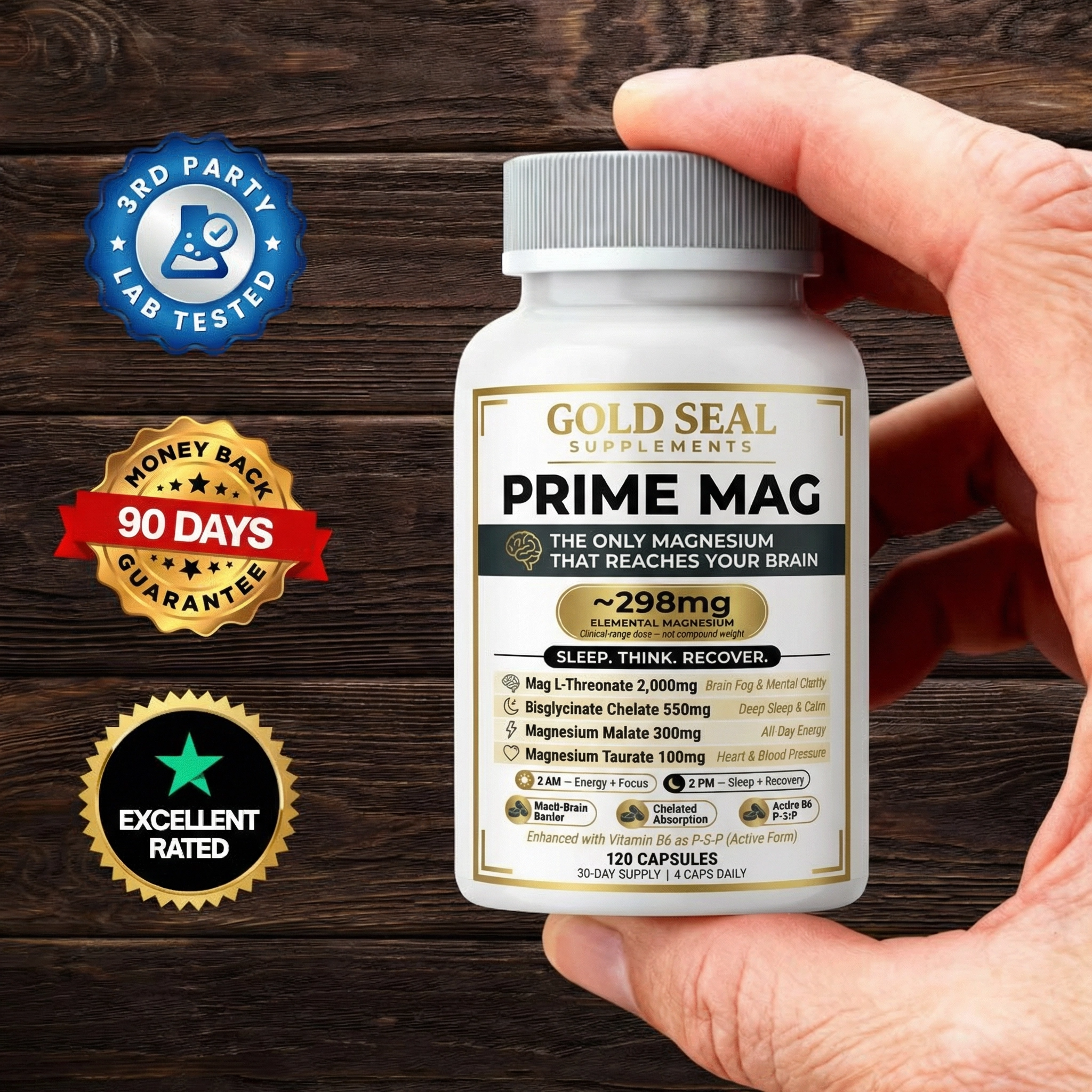 Hand holding a BPC-157 supplement bottle with seals and guarantees visible.