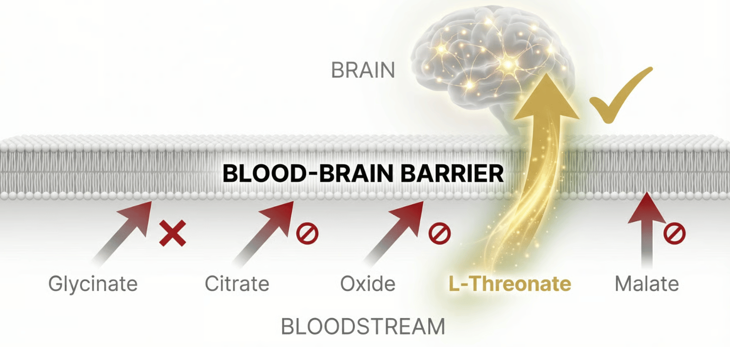 Diagram of magnesium L-threonate crossing the blood-brain barrier