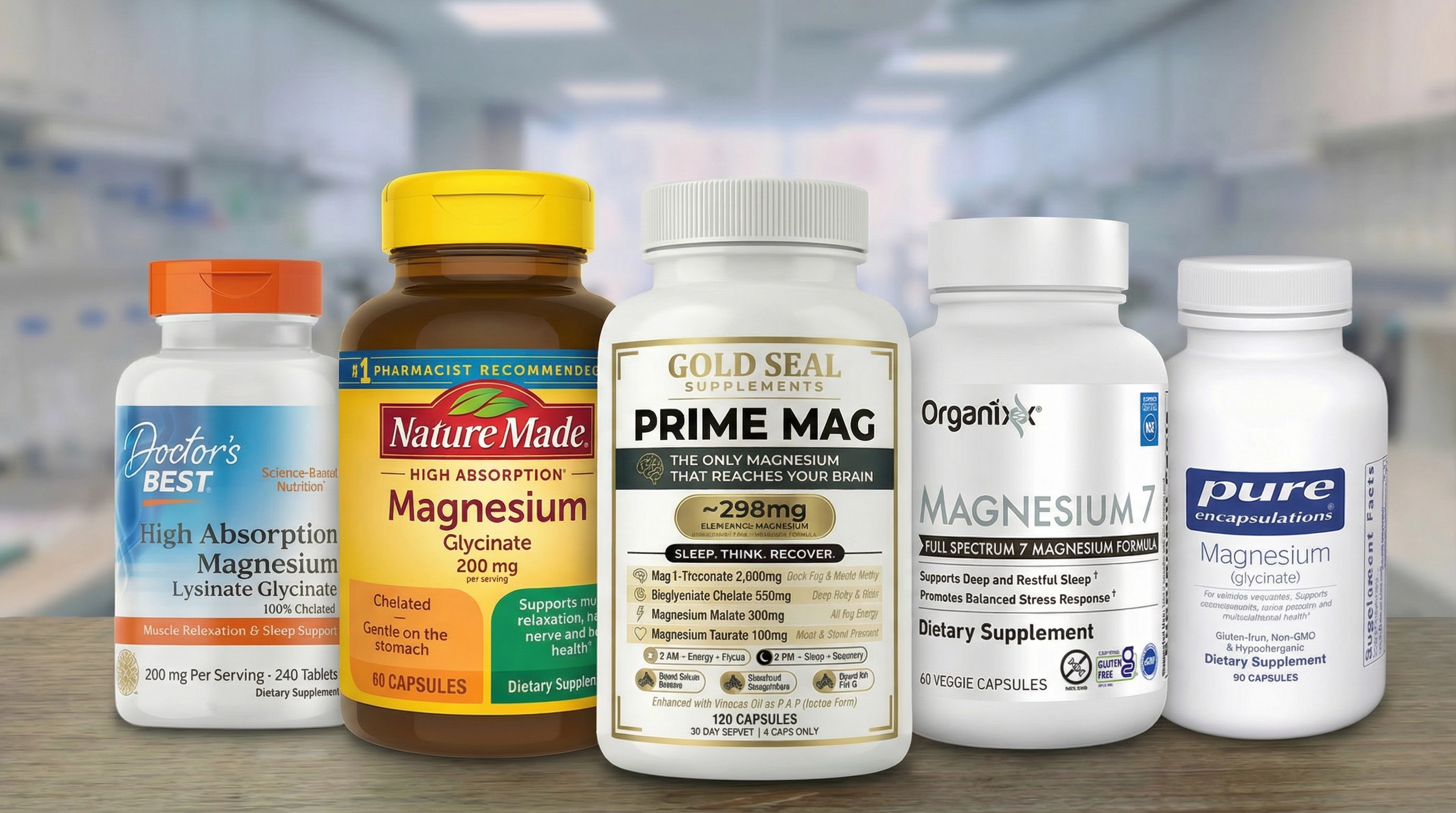 Five different brands of magnesium supplement bottles arranged in a row on a wooden surface.