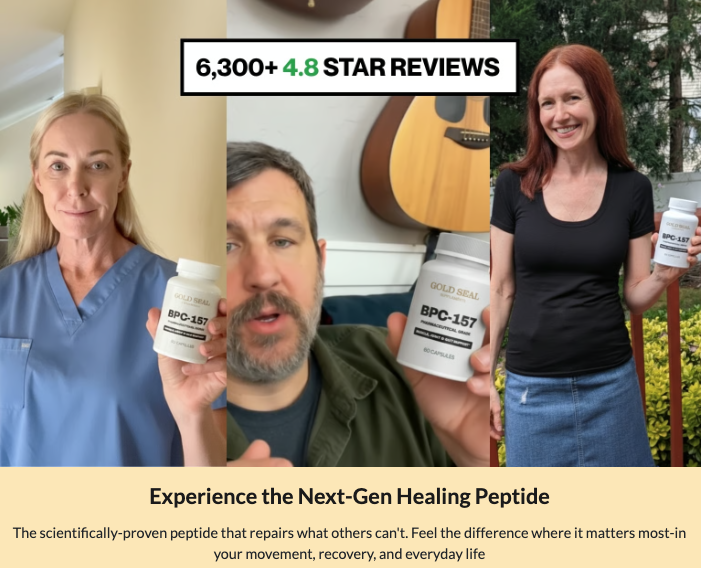 Three people holding BPC-157 bottles, accompanied by text reviews and product description.