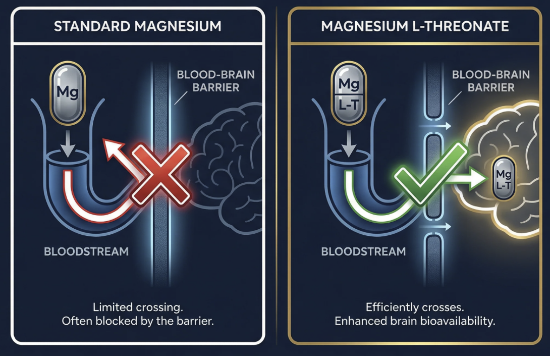 A diagram comparing how standard magnesium and magnesium L-threonate cross the blood-brain barrier.
