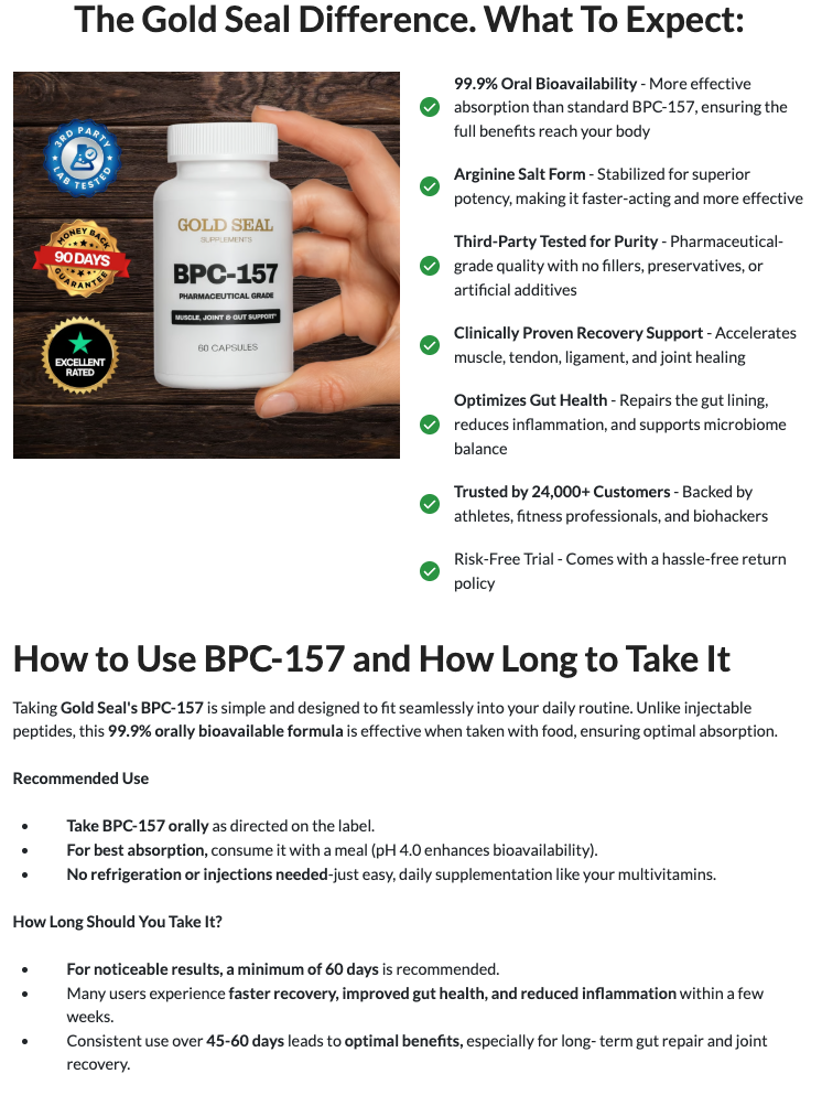 Image of a supplement bottle being held, with health benefits and usage instructions detailed beside it.