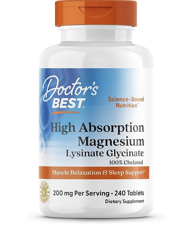 A white bottle of Doctor's Best High Absorption Magnesium Lysinate Glycinate dietary supplement against a white background.
