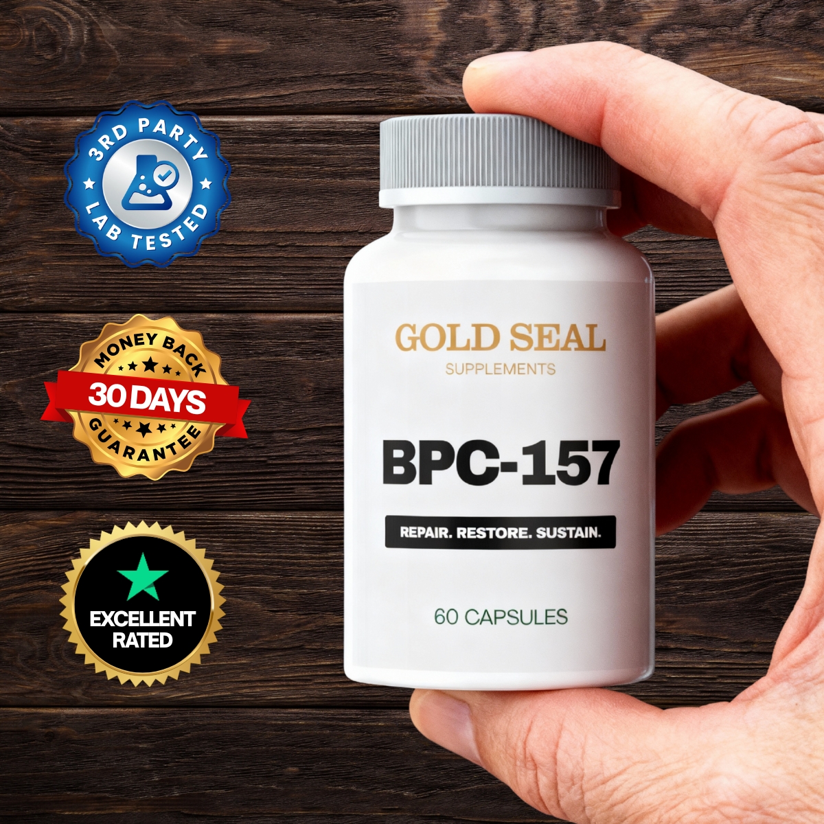 Hand holding a BPC-157 supplement bottle with seals and guarantees visible.