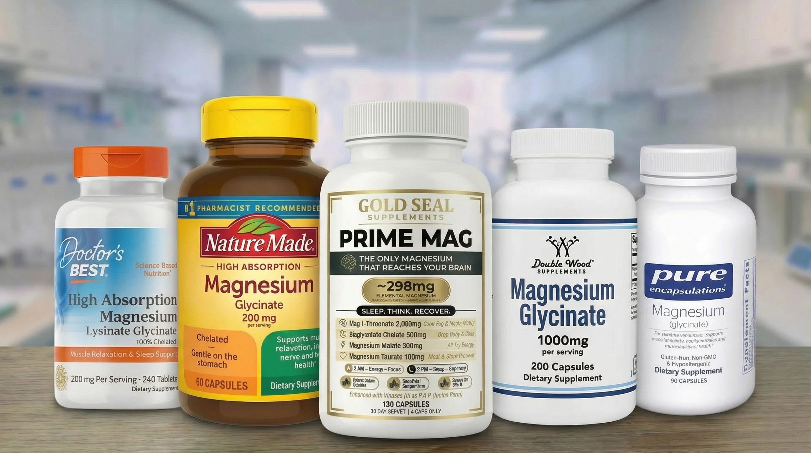 Several bottles of magnesium dietary supplements from various brands arranged on a countertop.